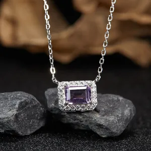Close-up of S925 sterling silver necklace featuring a rectangular purple amethyst pendant.