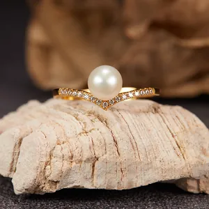 S925 Sterling Silver V-Shaped Natural Freshwater Pearl Rhinestone Jewelry Set Necklace Stud Earrings Ring For Women