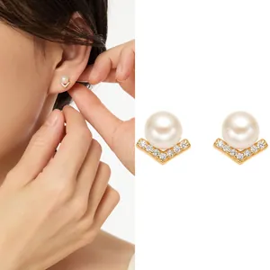 Elegant S925 silver V-shaped stud earrings with natural freshwater pearl and CZ accents