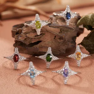 Anello in Argento Sterling 925 con Stella a Quattro Punte e Pietre Naturali da Donna Vintage con Ametista Citrina Strass Anello Aperto Regolabile