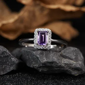 Detail view of elegant S925 sterling silver ring featuring a rectangular purple amethyst gem.