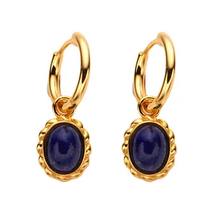 Vintage S925 sterling silver gold plated hoop earrings with oval natural lapis lazuli