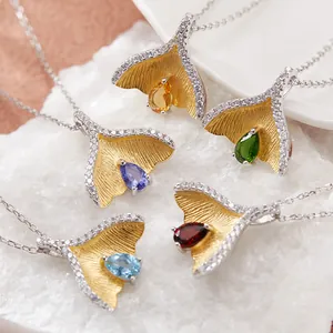 925 Sterling Zilver Visstaart Hanger Ketting Natuursteen Granaat Tanzaniet Diopside Sieraden Goud Geborsteld Zilveren Ketting Dames