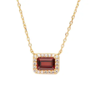 S925 sterling silver gold plated necklace with emerald cut red garnet pendant