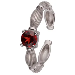 Elegant vintage S925 silver open ring featuring a round faceted red garnet gemstone.