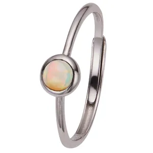 Minimalist S925 silver adjustable open ring with round iridescent opal gemstone.