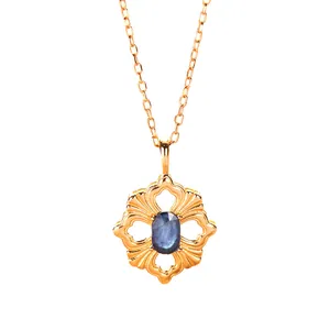 Elegante Vintage Blumenhalskette aus Gold mit einem ovalen blauen Apatit-Edelstein