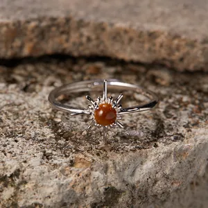 925 Sterling Silver Sunburst Open Ring For Women Natural Garnet Lapis Tiger Eye Turquoise Gemstone Inlaid Adjustable Ring Jewelry