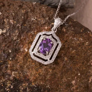 Detailed macro view of a natural amethyst gemstone pendant in S925 sterling silver