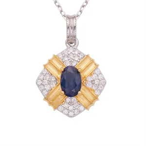 Vintage s925 silver sapphire pendant necklace with elegant two-tone gold and diamond accents