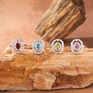 Zaffiro Naturale Topazio Citrino Peridoto Argento Sterling 925 Ottagono Geometrico Strass Intarsiato Gioielli Donna Accessorio