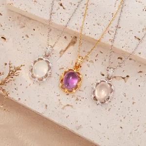 S925 Sterling Zilver Natuurlijke Amethist Opaal Hanger Ketting Voor Vrouwen Retro Holle Bloem Strass Sleutelbeen Ketting Sieraden