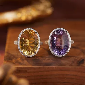 S925 Sterling Silver Millennium Cut Natural Citrine Amethyst Open Ring For Women Large Carat Rhinestone Adjustable Finger Ring Jewelry