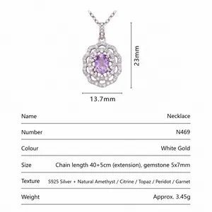 S925 sterling silver necklace with natural amethyst gemstone floral pendant design