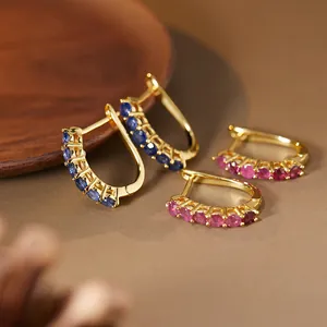 S925 Sterling Silver Hoop Earrings For Women Natural Ruby Sapphire Inlaid Geometric U-shaped Earring Jewelry Gift