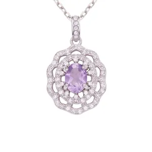 Elegant amethyst floral pendant necklace in S925 sterling silver with oval gem center
