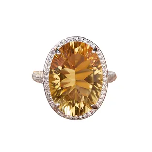 Luxury 13x18mm oval citrine ring in S925 sterling silver with sparkling halo