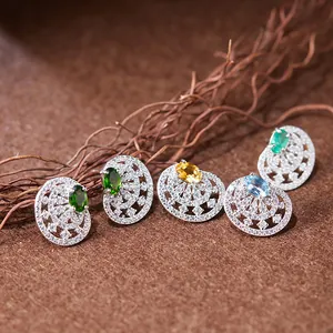 Boucles d'Oreilles Clous en Argent Sterling S925 Pierres Précieuses Naturelles pour Femmes Style Palais Rétro Citrine Émeraude Diopside Tanzanite Saphir Strass Bijoux