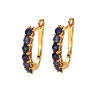Elegant S925 sterling silver gold plated hoop earrings set with round blue sapphires