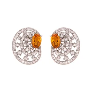 Boucles d'oreilles évidées vintage en argent S925 avec citrine et halo de diamants chic