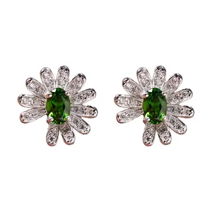Exquisite S925 silver daisy stud earrings with vibrant green oval gemstones