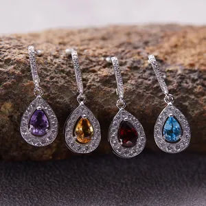 Orecchini Pendenti in Argento Sterling S925 Con Topazio Naturale Granato Ametista Citrino Pietre Preziose Eleganti Orecchini a Goccia Halo per Donna Regalo Gioielli