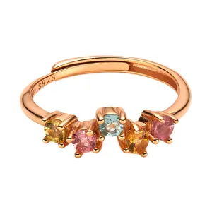 Elegante anello regolabile in argento S925 oro rosa con tormaline naturali colorate