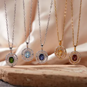 S925 Sterling Silver Natural Sapphire Garnet Topaz Diopside Gemstone Necklace Double Halo Oval Pendant Jewelry For Women