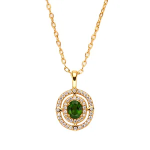 Elegant 925 silver gold plated necklace with oval green chrome diopside pendant