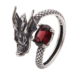 Anello drago vintage in argento sterling S925 con splendida gemma rossa sfaccettata