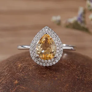 Elegante Anello Regolabile in Argento Sterling 925 Con Ametista Naturale Citrino Topazio Taglio a Pera Strass Gioielli da Donna