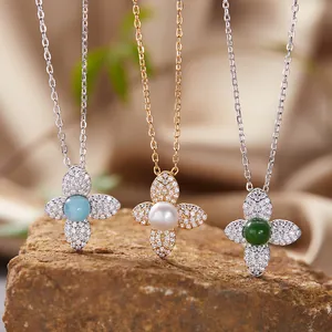 925 Sterling Silver Four Leaf Flower Necklace Freshwater Pearl Larimar Jasper Rhinestone Pendant Necklace Unique Jewelry For Women Party