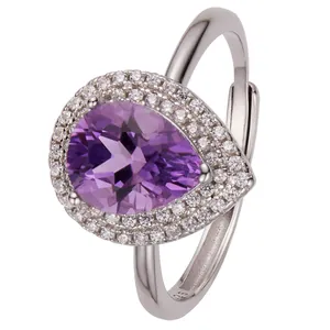 Elegante anello in cristallo viola a goccia in argento S925 con pietre halo bianche