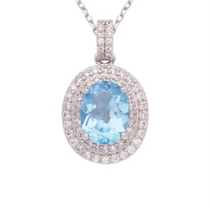 Elegante collana in argento sterling S925 con ciondolo ovale in pietra blu e alone