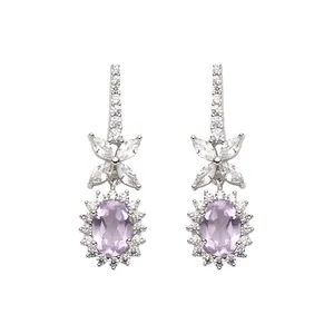 Boucles d'oreilles élégantes en argent S925 avec améthyste violette ovale et topaze blanche