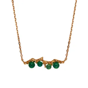 S925 sterling silver necklace featuring molten gold pendant and four green agate beads