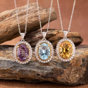 Natural Millennium Cut Citrine Amethyst Topaz Pendant Necklace S925 Sterling Silver Halo Gemstone Ring For Women Elegant Jewelry