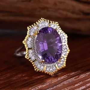 Vintage Victorian S925 Sterling Silver Ring For Women Natural Oval Amethyst Malachite Citrine Topaz Double Layer Rhinestone Inlaid Heavy Palace Style Ring