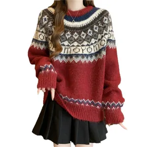 Festive red Fair Isle Christmas sweater for women, cozy knitted crew neck oversized pullover