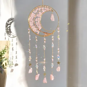 Attrape-Soleil Lune Arbre de Vie Fait à la Main Pierre Naturelle Métal Pendentif Prisme en Cristal Déco Fenêtre Maison Boho