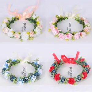 Diadema de corona de flores hecha a mano con rosas artificiales y cintas en cuatro colores