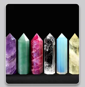 Collection of diverse natural hexagonal crystal quartz pillars for energy healing and decor