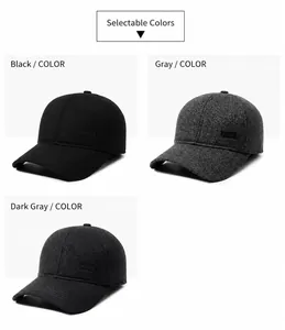 Detailansicht von Winter-Baseballkappen für Herren in Schwarz, Grau und Dunkelgrau.