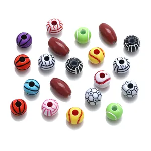 Detailed view of colorful acrylic sports beads in football, basketball, and soccer shapes