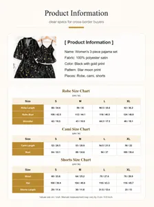 Size chart and details for women's 3-piece star and moon print satin pajama set.