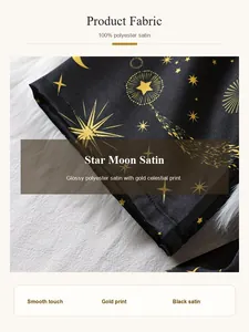 Detail view of glossy black polyester satin with gold celestial star and moon print