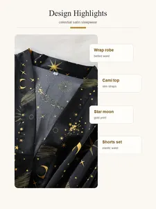 Detail view of black celestial satin sleepwear set with gold star and moon print