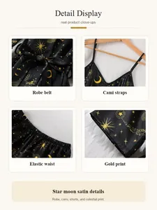 Close-up of gold celestial print, robe belt, cami straps, and elastic waist details