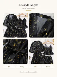 Detailed views of women's black satin sleepwear set with gold moon and star print
