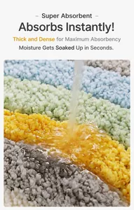 Detail view of a colorful tufted bath mat showing its super absorbent texture